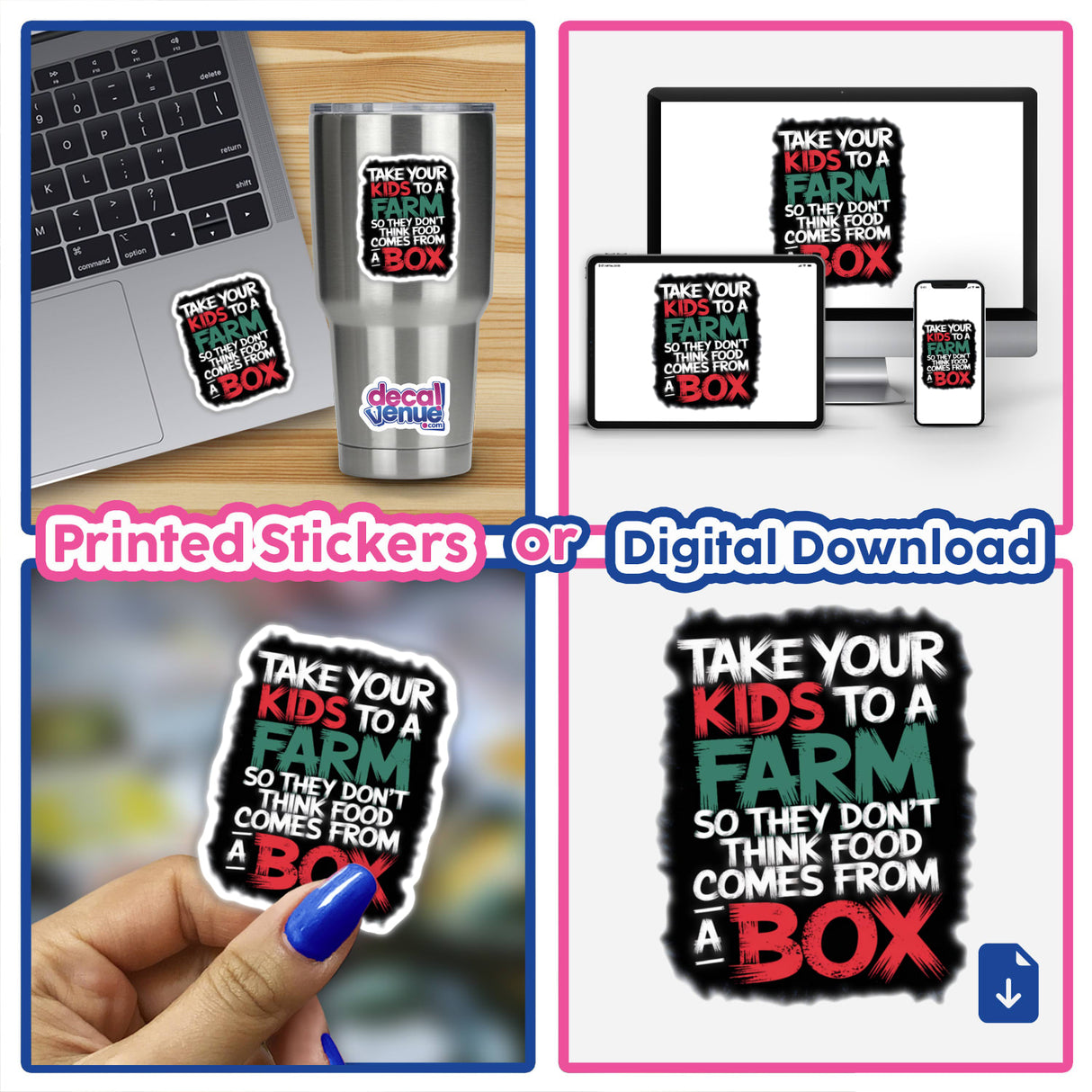 Farm Fun Quote Sticker - Take Your Kids to a Farm. Collage displaying stickers on laptops, cups, and digital downloads, highlighting versatile use.