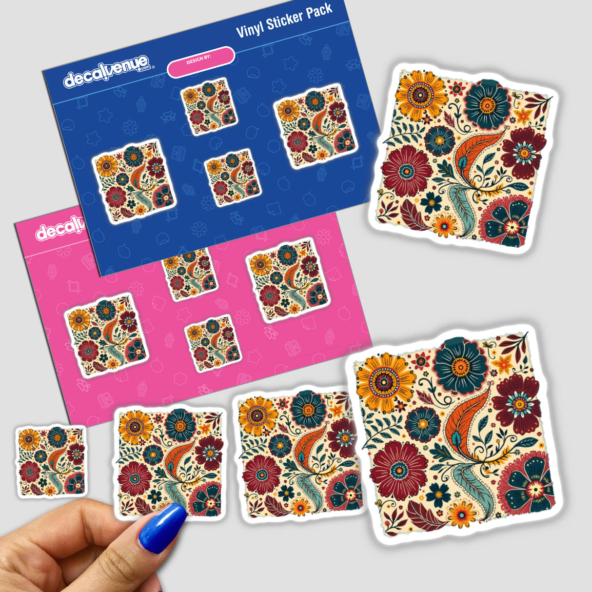 Boho Floral Clipart with Fall Color Palette featuring intricate flowers and paisley designs, available as stickers or digital artwork for commercial use.