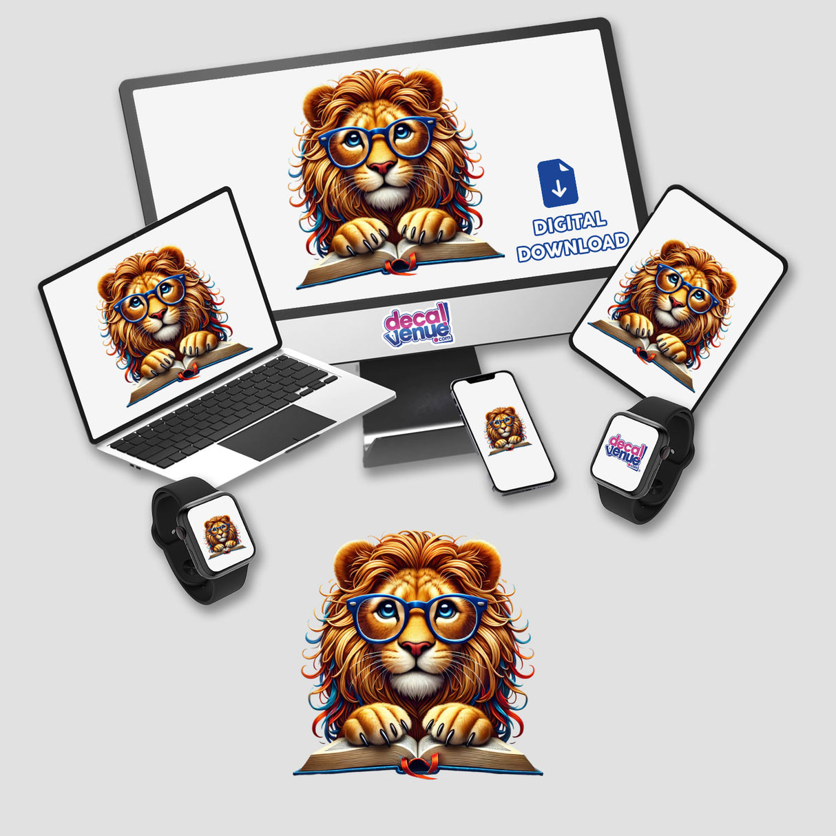 Lion in Reading Glasses with Book displayed on computer monitor, laptop, tablet, phone, and smartwatch, available as stickers or digital artwork from Decal Venue.