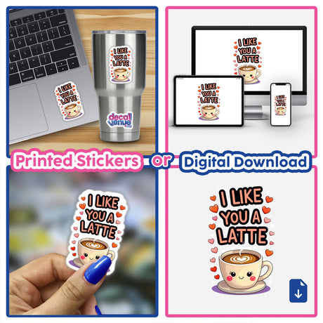 Collage featuring the I Like You A Latte Funny Love Quote on a laptop sticker alongside a cartoon coffee cup with heart-shaped foam, highlighting Decal Venue's unique vinyl stickers and digital art.