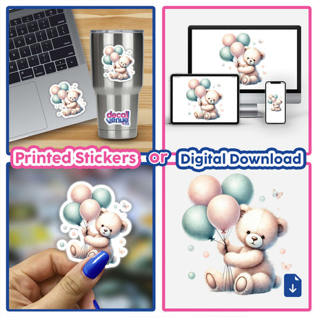 Watercolor Teddy Bear Holding Balloons available as stickers or digital artwork, shown on a laptop, phone, and held in hand.