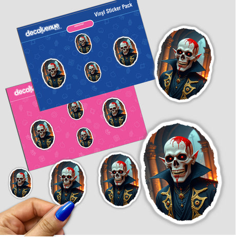 Demon Of The Underworld sticker featuring a skeleton face. A person's hand is visible, highlighting the sticker's detail. Available as a unique vinyl sticker or digital artwork from Decal Venue.