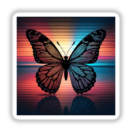 Butterfly Silhouette with Multi-Color Stripes, depicting a butterfly with vibrant patterns, available as stickers or digital artwork.