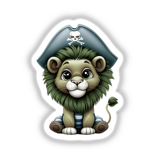 Pirate Lion with Skull Hat and Striped Outfit: A cartoon lion wearing a pirate hat featuring a skull and crossbones, available as unique stickers or digital artwork.