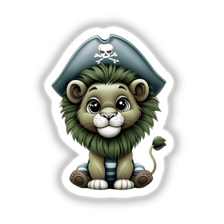 Pirate Lion with Skull Hat and Striped Outfit: A cartoon lion wearing a pirate hat featuring a skull and crossbones, available as unique stickers or digital artwork.