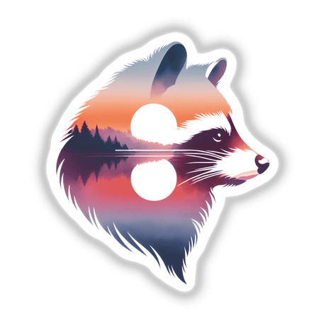 Raccoon Face Sunset: Illustration of a raccoon with a forest and sunset double exposure, available as unique stickers or digital artwork.