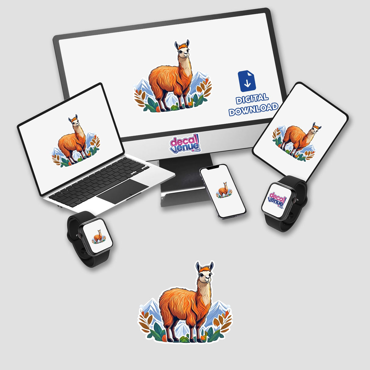 Colorful artistic illustration of a majestic standing llama surrounded by lush foliage, suitable for digital art, stickers, and other merchandise from Decal Venue, an online store offering unique designs by talented artists.