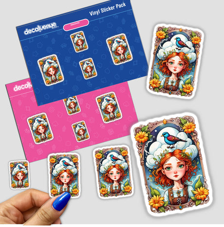 Mystical Tarot Card Girl Sticker featuring a cartoon girl with red hair and a bird on her head, perfect for tarot fans seeking unique designs.