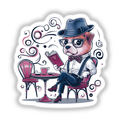 Dog Fedora Hat Reading Book