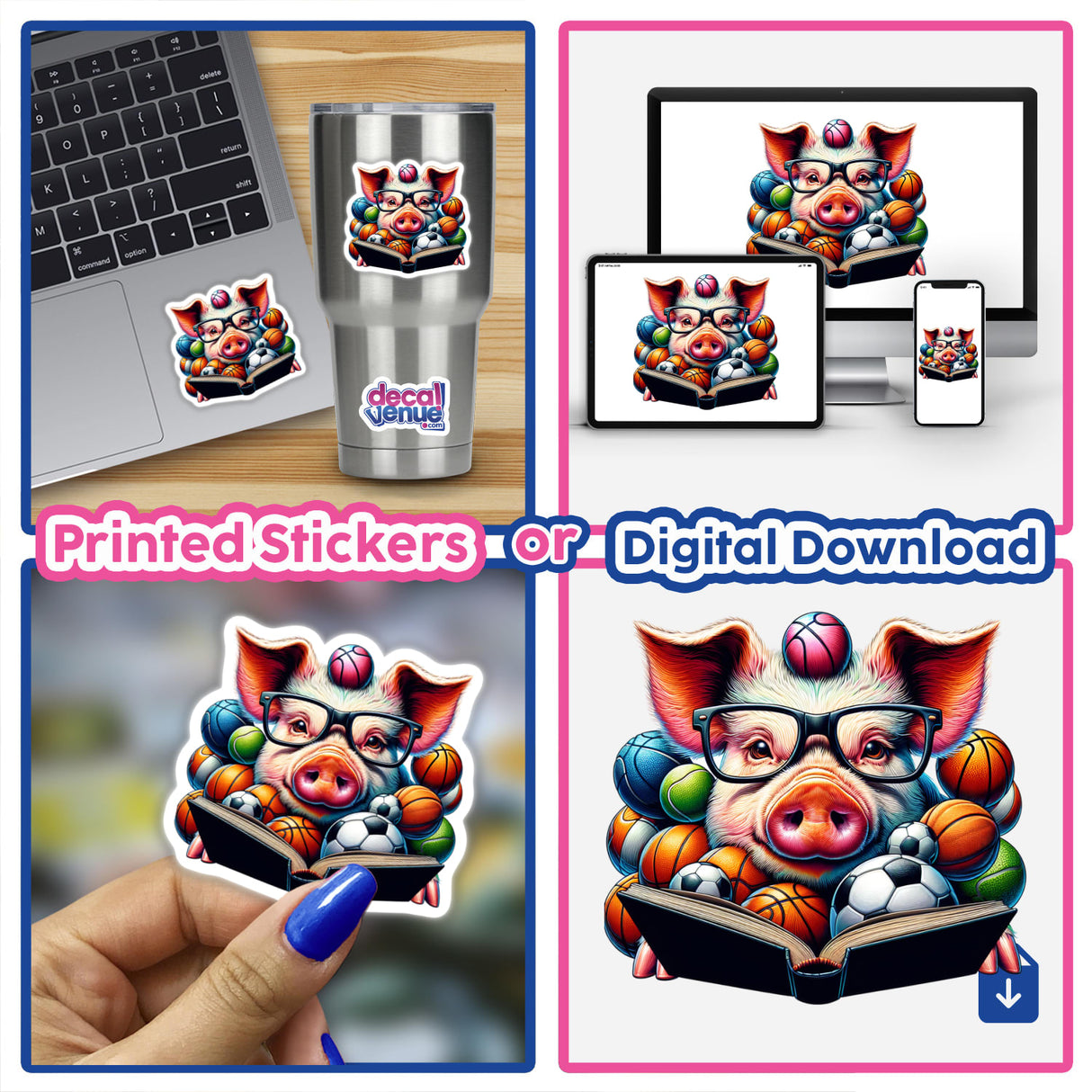 Pig Reading a Book with Glasses and Sports Balls sticker, featuring a whimsical pig engrossed in a book surrounded by sports balls, perfect for adding charm to any surface.