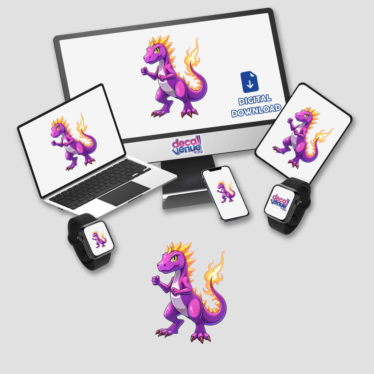 Dino Fighter - Blaze Tyranno features cartoon dragons on a computer monitor and laptop screens, available as stickers or digital artwork, showcasing unique vinyl designs from Decal Venue.