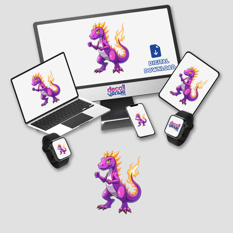 Dino Fighter - Blaze Tyranno features cartoon dragons on a computer monitor and laptop screens, available as stickers or digital artwork, showcasing unique vinyl designs from Decal Venue.