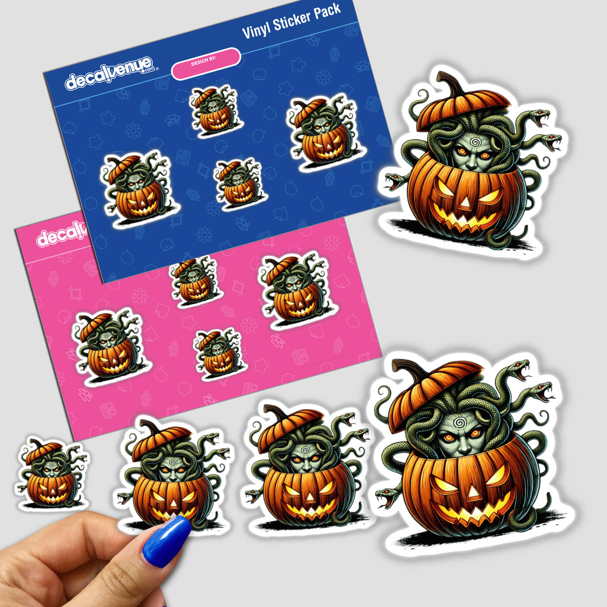 Spooky Halloween stickers depicting a Medusa-like creature peeking out of a carved pumpkin, along with a sticker pack displayed on a vibrant blue and pink background. The product showcases a unique, creepy-yet-whimsical digital artwork design.