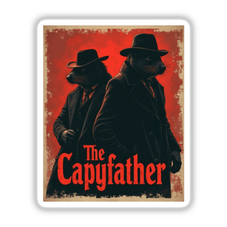 The Capyfather Sticker or Clipart with Commercial Rights depicts two capybaras in suits and hats, styled humorously as a mafia design, available as stickers or digital artwork.