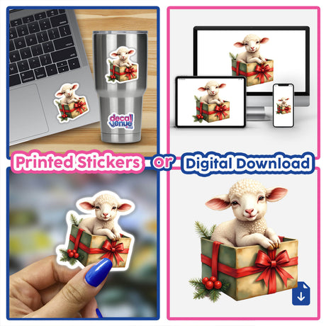 Collage featuring a cartoon lamb in a Christmas present box, available as stickers or digital artwork. This whimsical design from Decal Venue embodies their unique artistic approach.