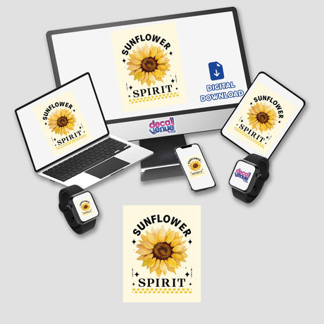 Sunflower Spirit Sticker or Clipart with Commercial Rights - Floral Design: A computer monitor and laptop display a sunflower logo, symbolizing the unique vinyl stickers and digital art from Decal Venue.