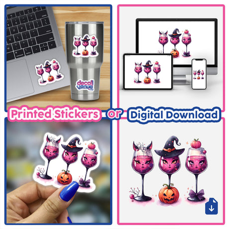 Three Halloween Themed Wine Glasses featuring cartoon faces, available as stickers or digital artwork.
