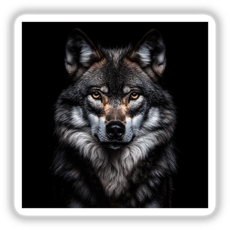 Cinematic Wolf Portrait on Black Background, available as stickers or digital artwork, featuring a detailed close-up of a wolf's intense eyes and striking facial features.