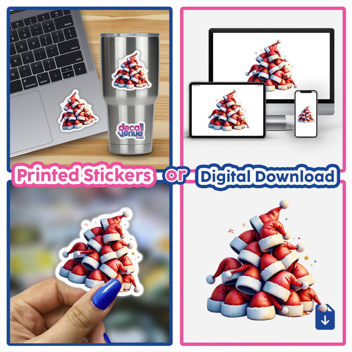 Collage of Santa hats piled on laptops and other devices, showcasing the Christmas Santa Hats Pile available as stickers or digital artwork from Decal Venue.