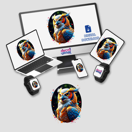 A Cool Hybrid Hawk Owl displayed on a computer monitor and laptop, available as unique stickers or digital artwork, showcasing vibrant details typical of Decal Venue's distinctive style.