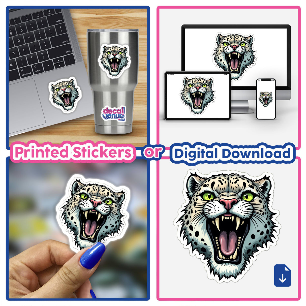 Collage featuring Onça Parda stickers and digital artwork, depicting a white cheetah with black spots, green eyes, and open mouth, displayed on a laptop.