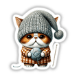 British Shorthair Cat Gnome holding a ball of yarn, wearing a hat and sweater. Available as stickers or digital artwork.