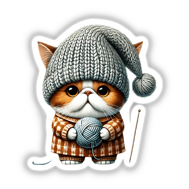 British Shorthair Cat Gnome holding a ball of yarn, wearing a hat and sweater. Available as stickers or digital artwork.