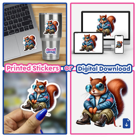 Patriotic Leather Squirrel Aviator Sunglasses: Collage featuring a squirrel in a blue jacket and sunglasses, available as stickers or digital artwork.