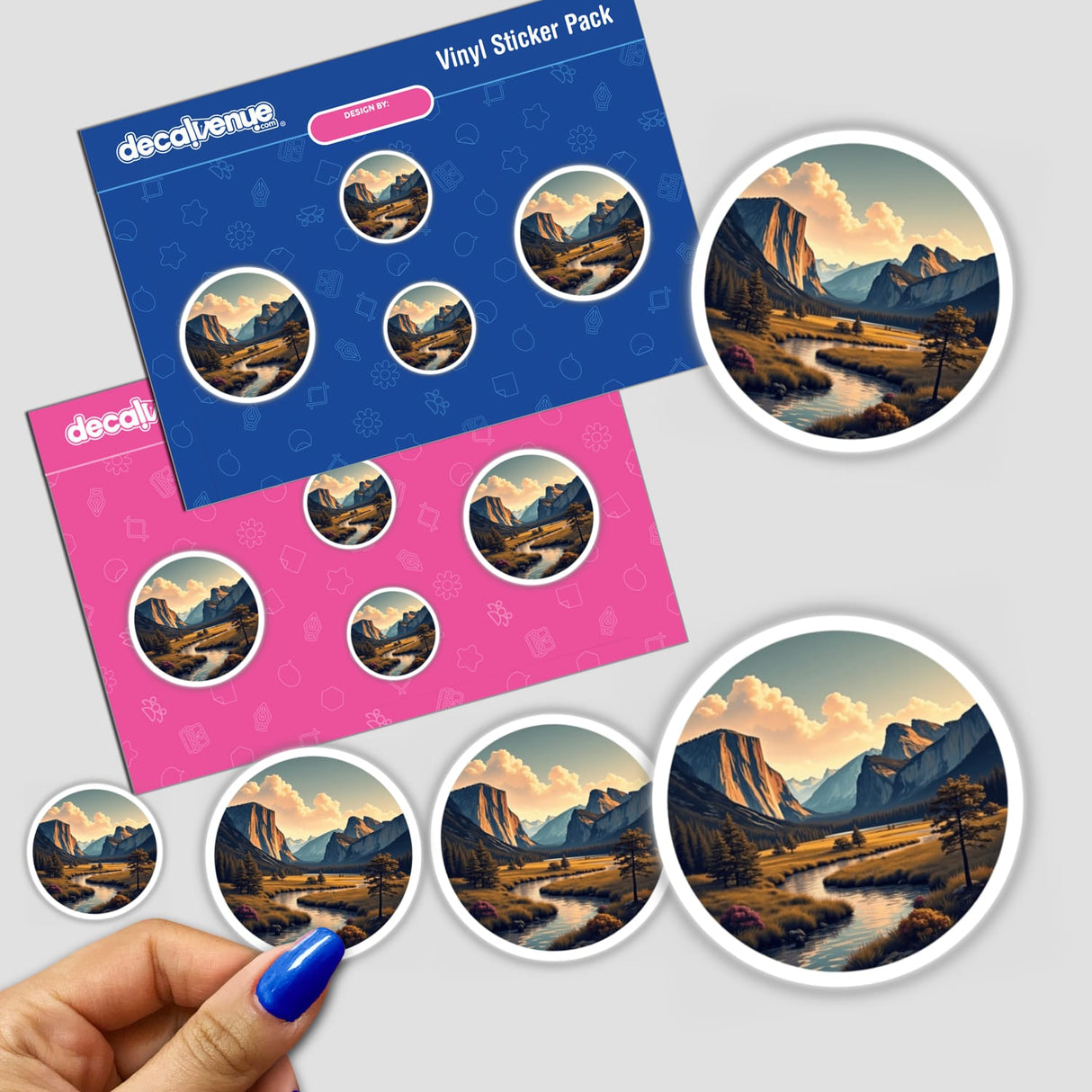 Stunning Mountain Landscape Clipart stickers featuring a serene river winding through a valley, available as physical stickers or for commercial digital download.
