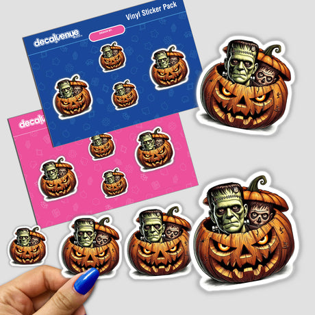 Frankenstein peeking out of pumpkin-shaped Halloween stickers with ghoulish jack-o'-lantern designs on vinyl decals from Decal Venue.