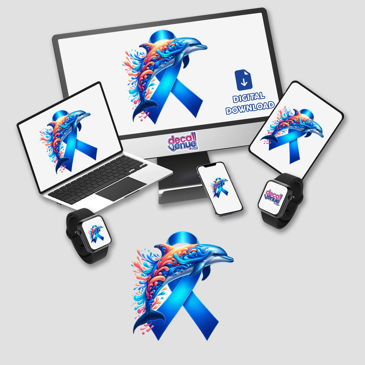 Dolphin Blue Ribbon Colon Cancer Awareness design featuring a dolphin and blue ribbon displayed on a laptop screen, offered as stickers or digital artwork by Decal Venue.