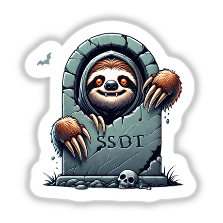 Cartoon of a Halloween Sloth Peeking Out of Tombstone, perfect for spooky crafts, stickers, and digital downloads.