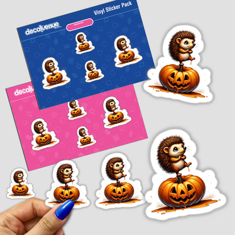 Sticker featuring a cartoon hedgehog standing on a carved pumpkin, held by a hand.