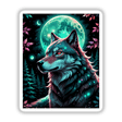 A digital art piece titled A Wolf In The Night With A Bright Moon, featuring a wolf with red eyes gazing at the moon, available as stickers or digital artwork.