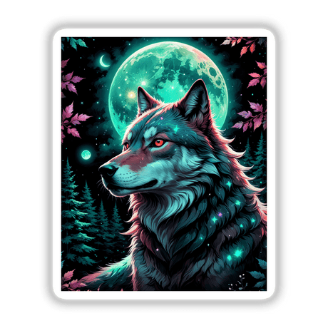 A digital art piece titled A Wolf In The Night With A Bright Moon, featuring a wolf with red eyes gazing at the moon, available as stickers or digital artwork.