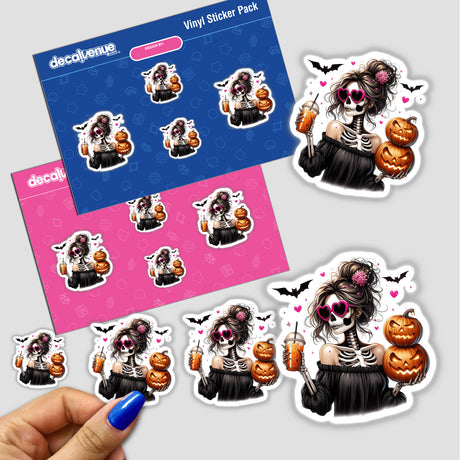 Spooky Halloween Skeleton Mama with Pumpkins Digital Artwork Stickers