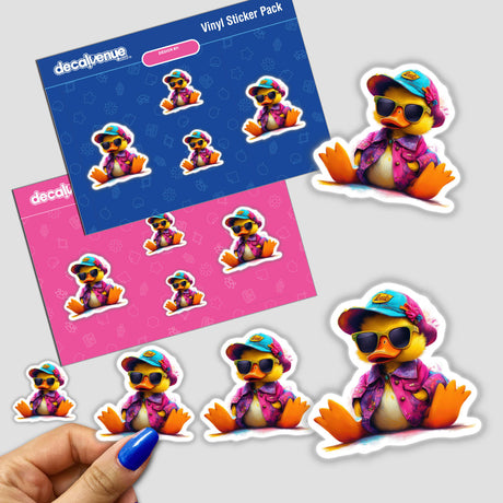 Hipster Duck Sunglasses sticker featuring a cartoon duck wearing a hat and sunglasses, ideal for decorating laptops or notebooks. Available as stickers or digital artwork from Decal Venue.