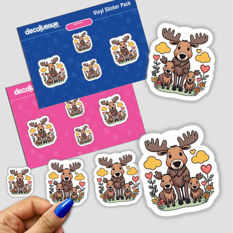 Colorful sticker pack featuring a family of moose surrounded by nature elements like flowers and hearts on a white background.