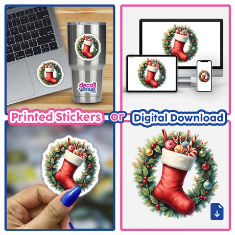 Collage featuring 'Stocking in a Christmas Wreath' stickers or digital artwork, highlighting festive red stockings with candy nestled in wreaths, reflecting Decal Venue's unique artistic flair.