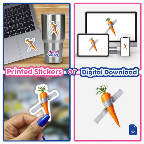 Collage featuring Carrot Duct Tape Art with a carrot sticker on a laptop, showcasing unique sticker designs from Decal Venue's collection.