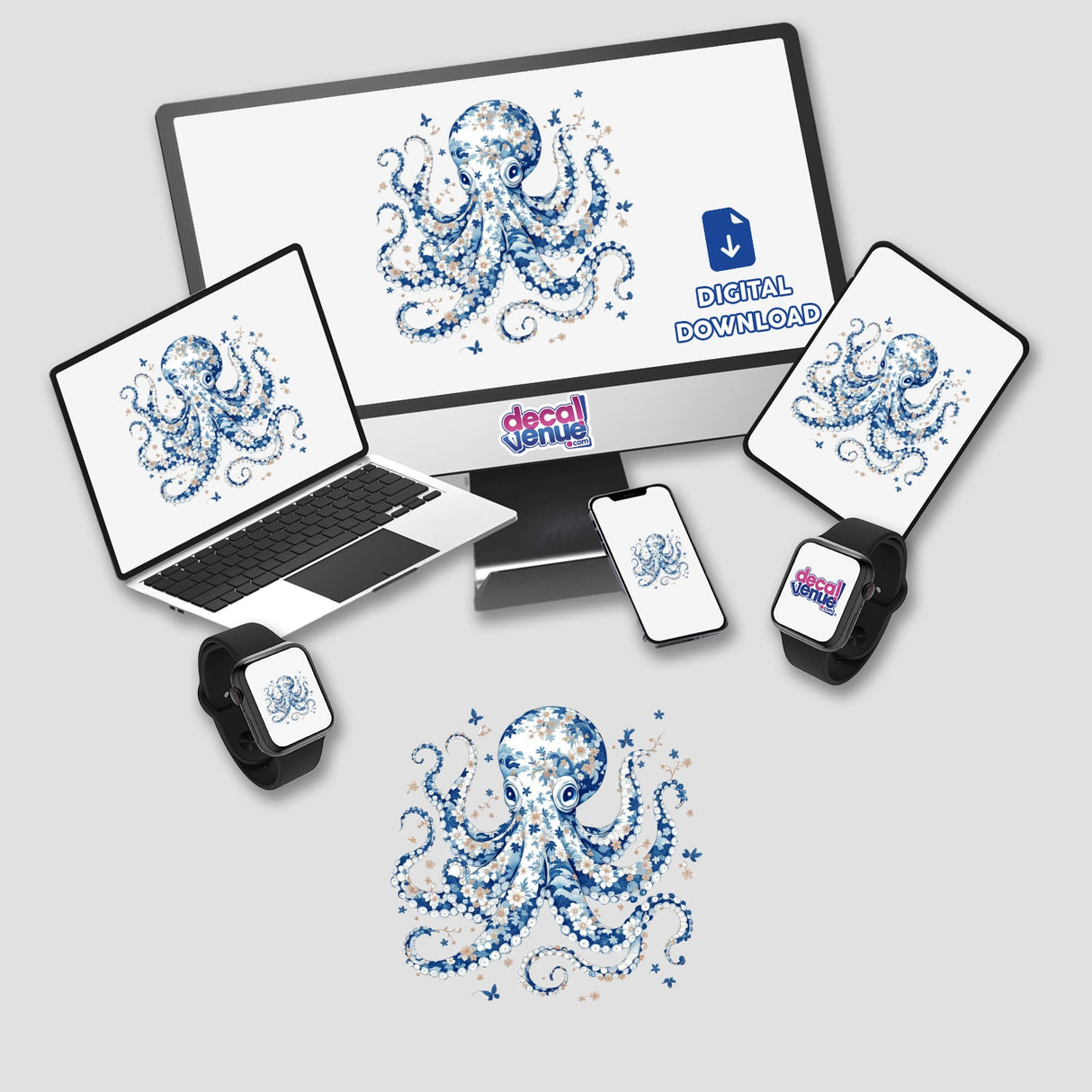 Chinoiserie Octopus design displayed on a computer monitor and laptop, available as stickers or digital artwork, showcasing a detailed octopus illustration.