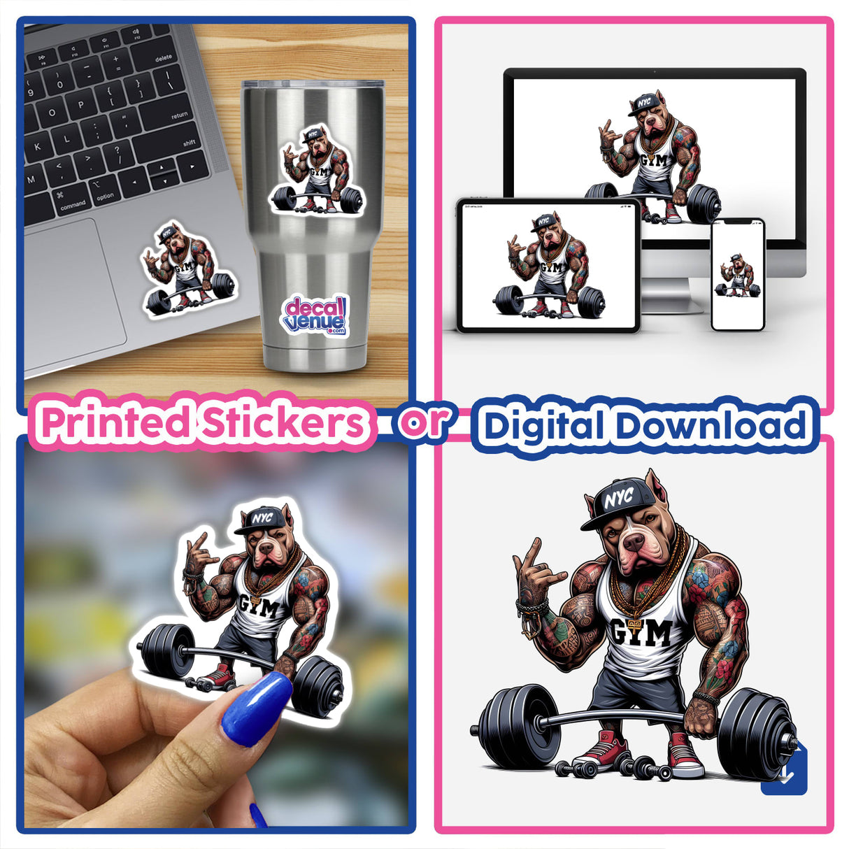 Pitbull Gym Bodybuilder Dog NYC: Collage of stickers featuring a muscular cartoon dog lifting weights, perfect as unique decals or digital art from Decal Venue.