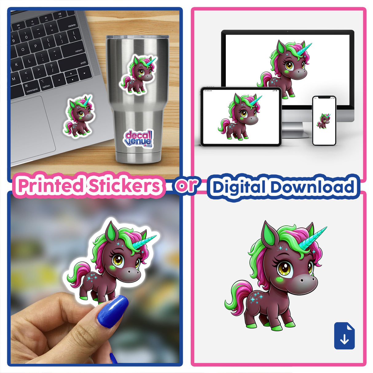 Cute And Magical Pony Unicorn collage featuring whimsical unicorn illustrations as stickers or digital artwork, ideal for personalizing laptops and cups, emphasizing Decal Venue's unique style.