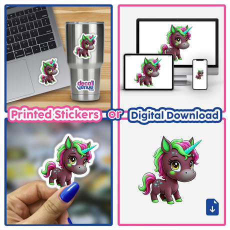 Cute And Magical Pony Unicorn collage featuring whimsical unicorn illustrations as stickers or digital artwork, ideal for personalizing laptops and cups, emphasizing Decal Venue's unique style.