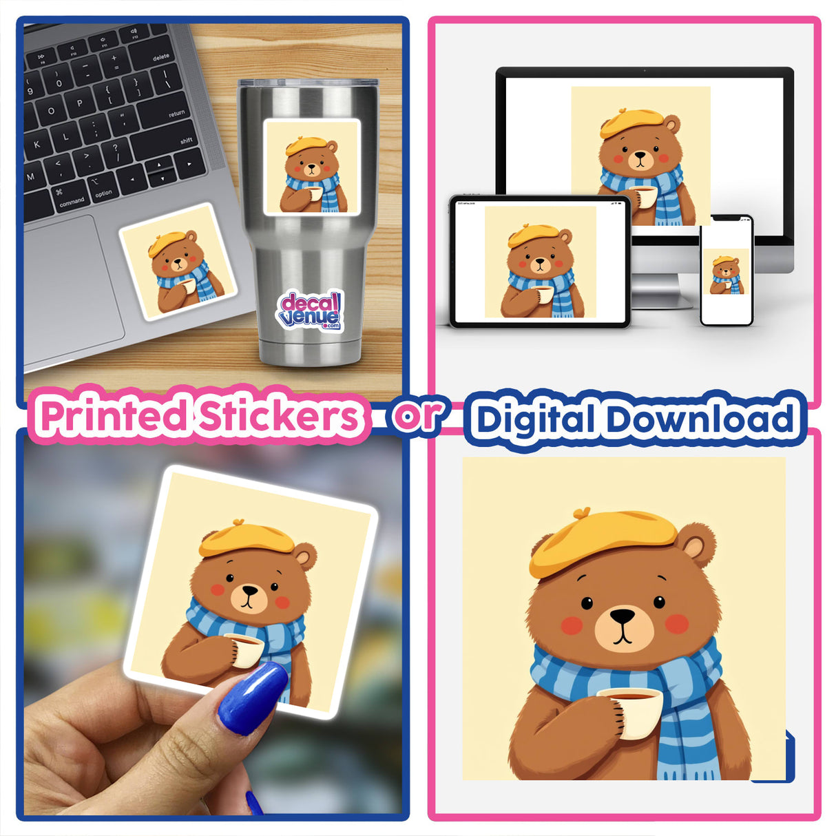 Charming Bear with Tea and Beret sticker collage featuring a cartoon bear holding a cup of tea, ideal for laptops or as digital artwork from Decal Venue.