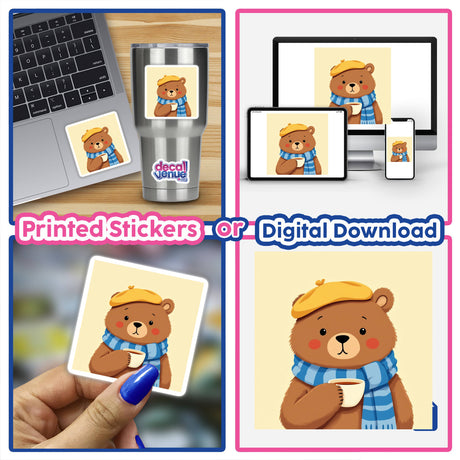 Charming Bear with Tea and Beret sticker collage featuring a cartoon bear holding a cup of tea, ideal for laptops or as digital artwork from Decal Venue.