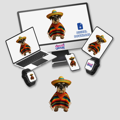 Cinco De Schnauzer – Festive Dog in Sombrero and Serape for Cinco de Mayo, depicted on a laptop screen, available as stickers or digital artwork, celebrating playful, festive charm.
