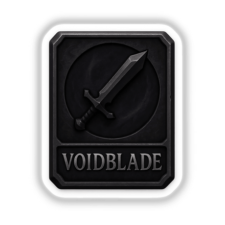 Voidblade – RPG-Style Skill Badge featuring a Dark Silver Shadow Sword Emblem, available as unique vinyl stickers or digital artwork, showcasing intricate detailing and sharp design elements.