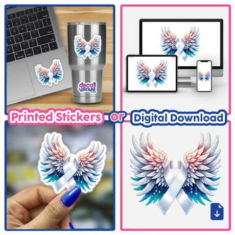 Collage featuring White Awareness Ribbon with Wings stickers and digital art, showcasing various applications on laptops and cups, embodying Decal Venue's unique vinyl sticker and digital art offerings.