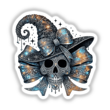 Prismatic Skull Witch Coquette Bow: A skull adorned with a detailed hat and bow, showcasing intricate, ornate designs. Available as unique stickers or digital artwork from Decal Venue.